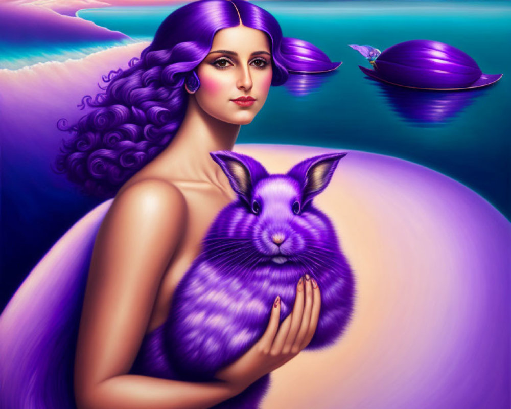 Woman with Purple Hair Holding Large Rabbit in Serene Landscape