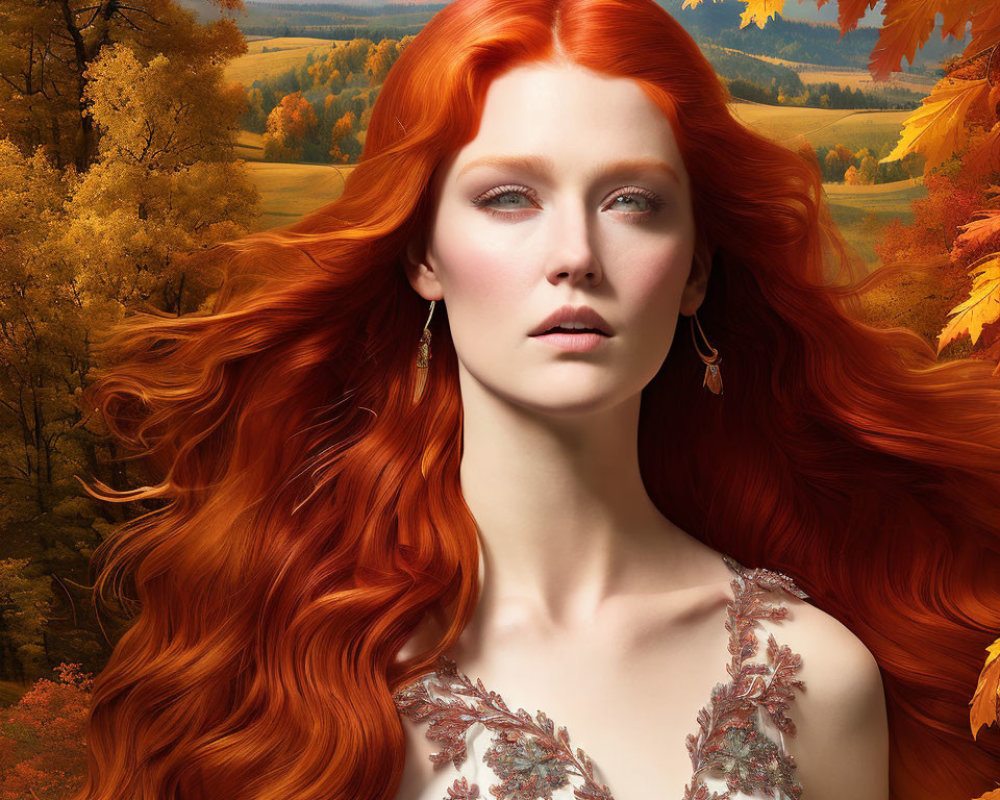 Red-haired woman in white dress against autumnal background with volcano