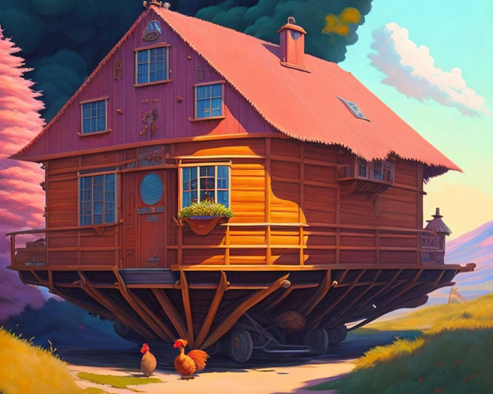 Illustration of a mobile two-story wooden house with chickens under a pastel sky