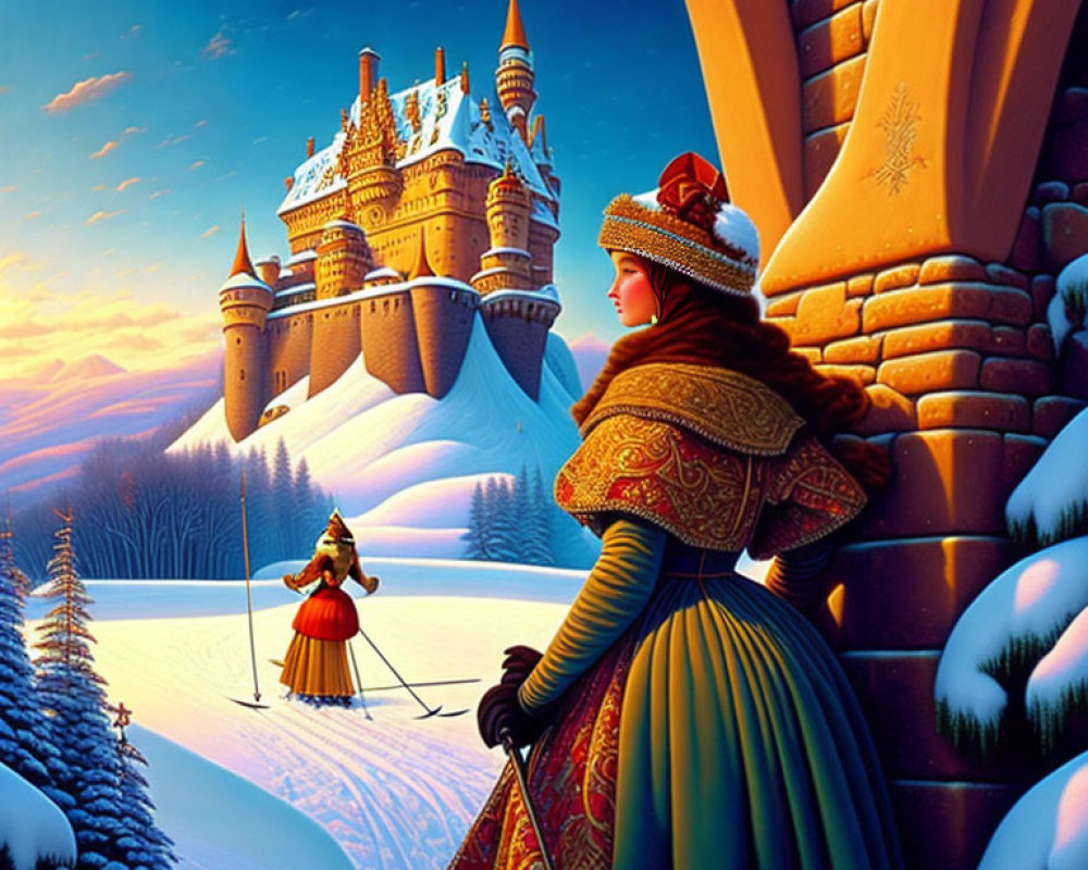 Historical woman admires castle in snowy landscape with skier