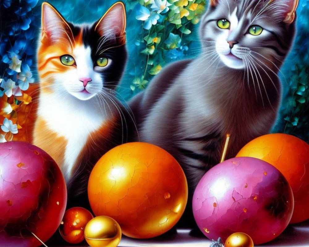 Vividly Colored Cats with Striking Eyes in Vibrant Setting