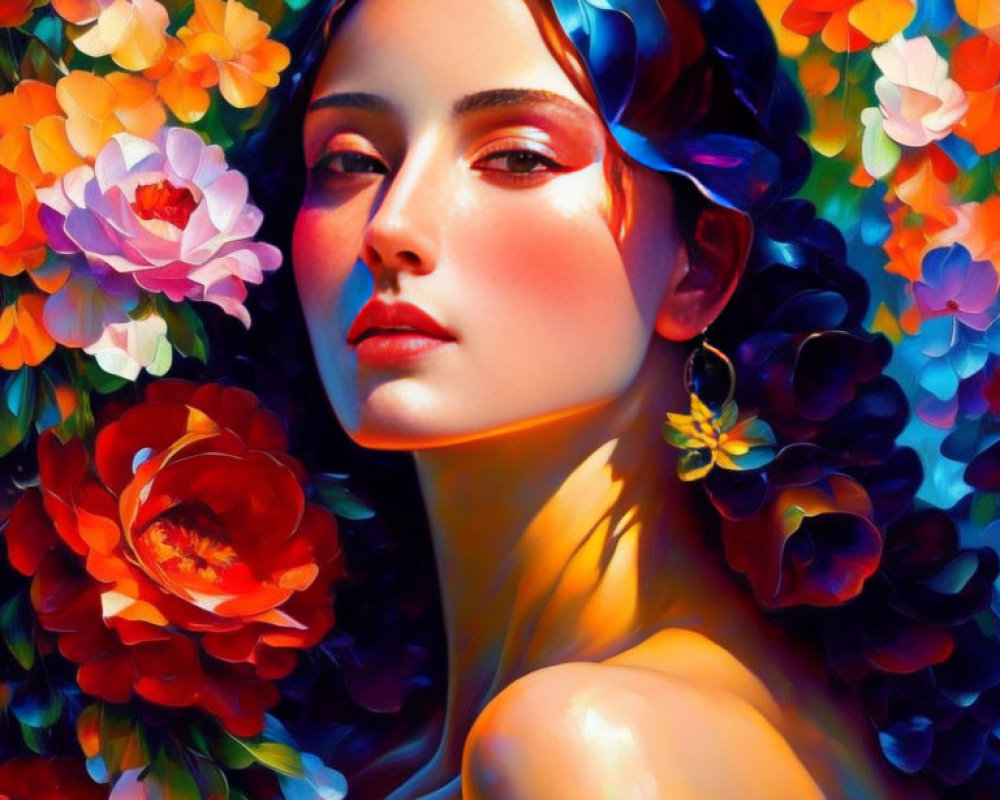 Colorful portrait of woman with blue hair, radiant skin, red lips, surrounded by flowers & butterfly