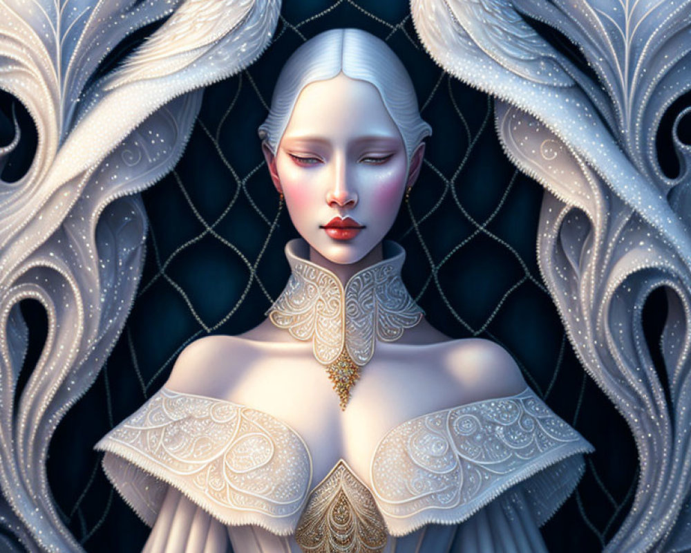 Detailed illustration of ethereal woman with white hair and white peacocks on dark background