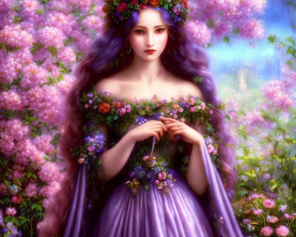 Digital artwork: Woman with long purple hair, floral crown, lilac dress, flowers, pinkish