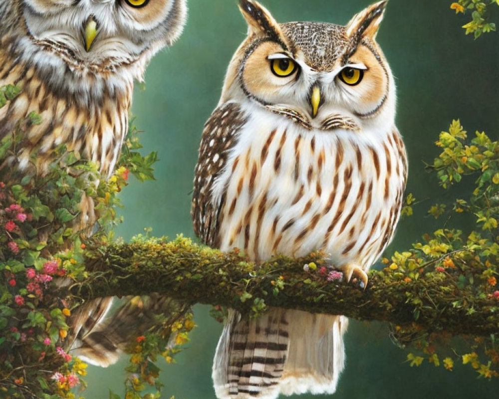 Realistic owls on mossy branch with green foliage and pink flowers