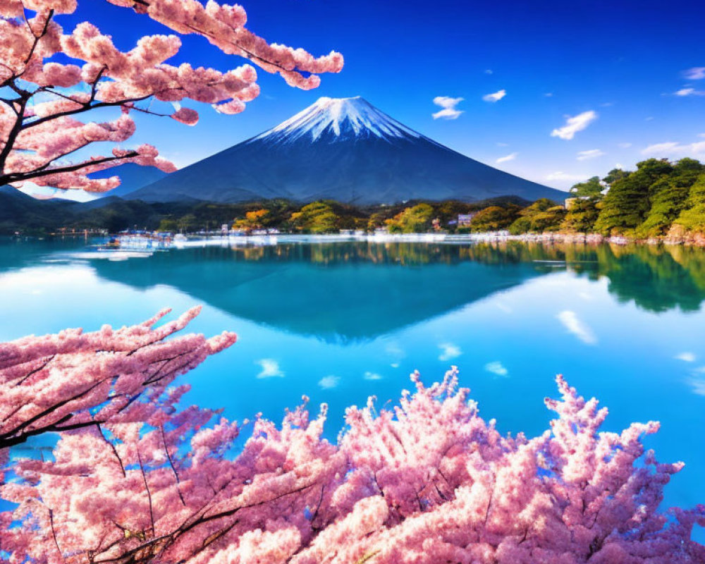 Iconic Mount Fuji reflected in blue lake with cherry blossoms and blue sky