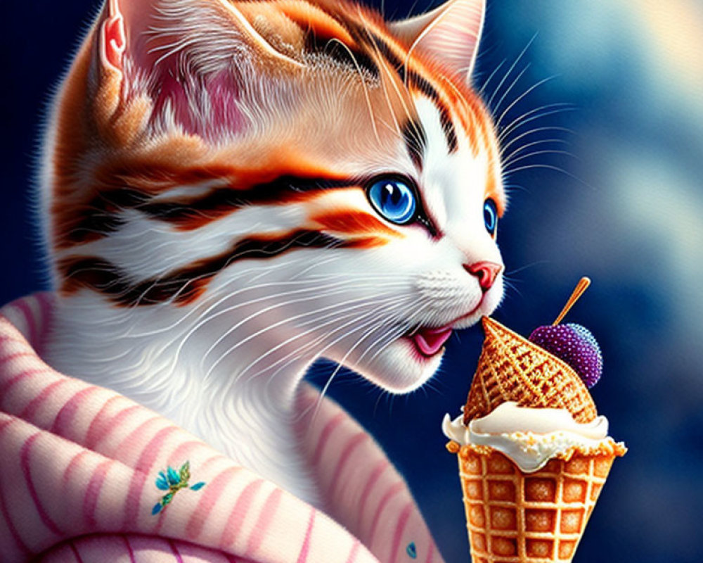 Colorful Cat in Pink Jacket Licking Ice Cream on Blue Background