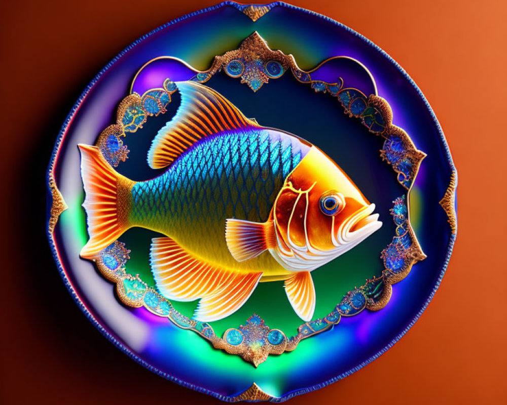 Colorful Goldfish Digital Artwork on Decorative Plate with Blue and Gold Patterns