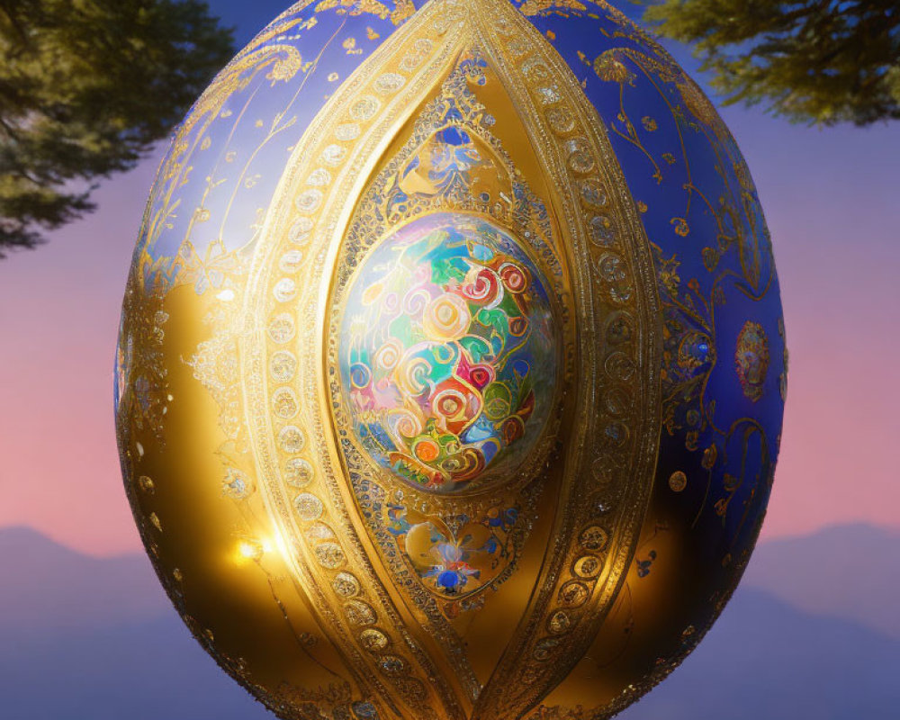 Intricate Golden Egg with Colorful Design in Twilight Sky