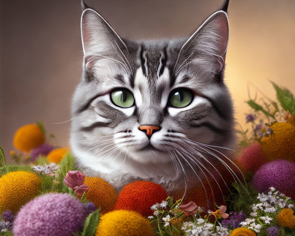 Grey tabby cat with green eyes in colorful floral setting