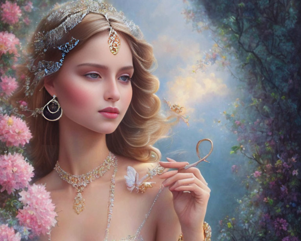 Elegant woman with jewelry and tiara holding key in floral setting