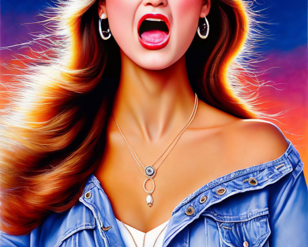 Vibrant illustration of woman singing with flowing hair and denim jacket