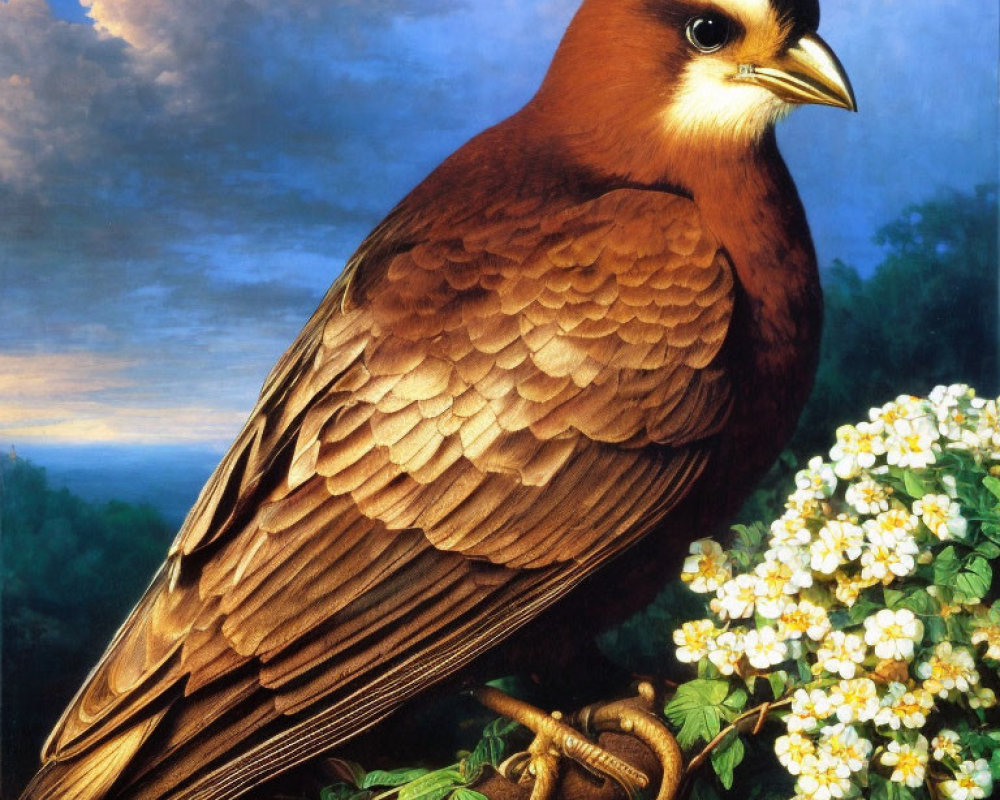 Hyperrealistic Painting of Brown Bird with Black Mask on Branch in Twilight Sky