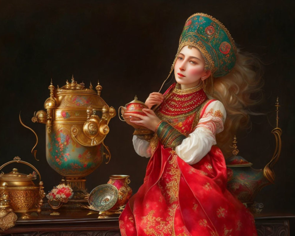 Traditional Russian woman in kokoshnik with samovar and cup at table