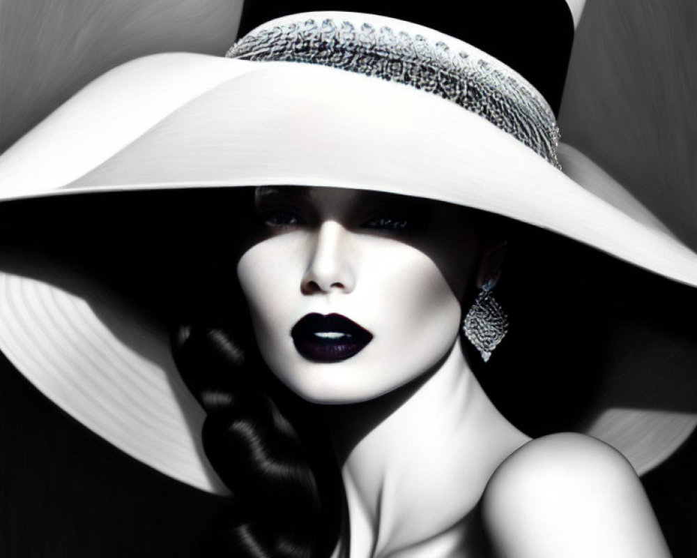 Monochromatic portrait of a woman with dramatic makeup and oversized hat.