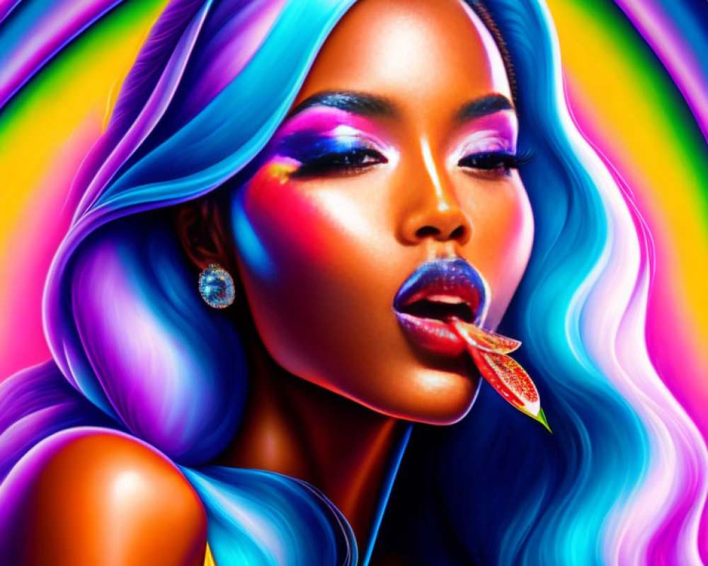 Colorful digital artwork of woman with multicolored hair and makeup, showcasing glossy lip with chili pepper