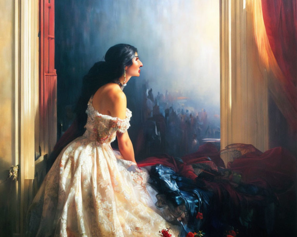 Woman in elegant ballgown gazes out window at bustling street with sunlight.