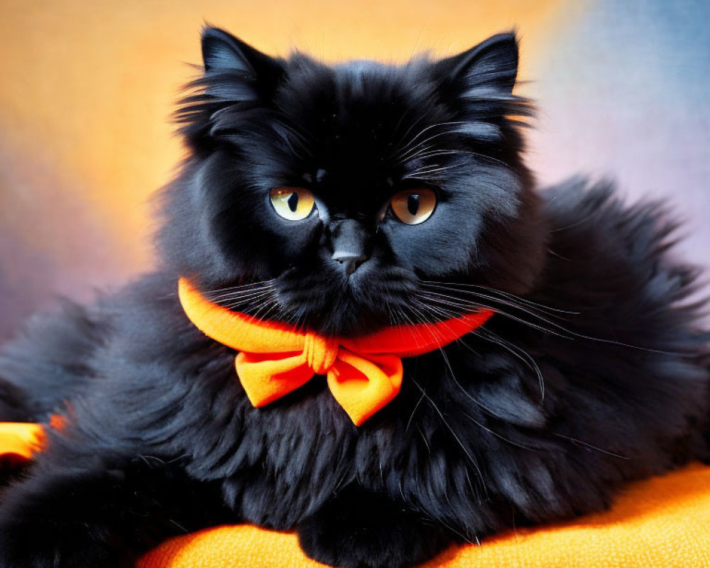 Fluffy Black Cat with Yellow Eyes and Orange Bow Tie on Colorful Background