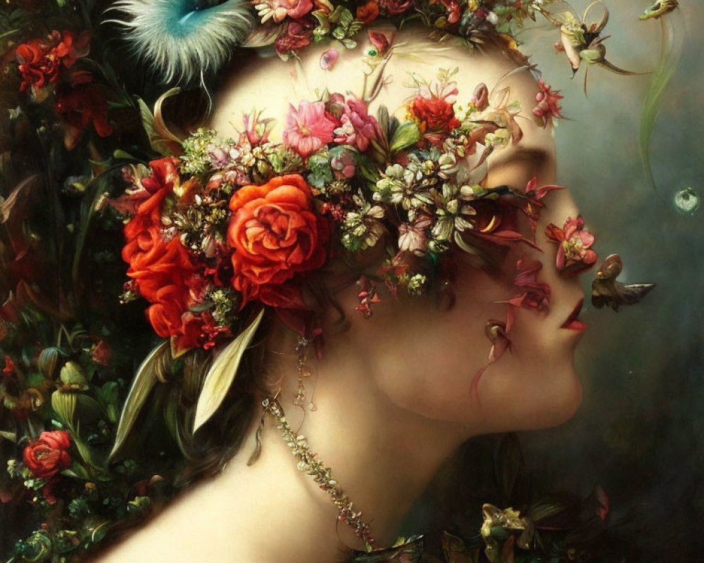 Portrait of a person with intricate floral headpiece evoking serene beauty