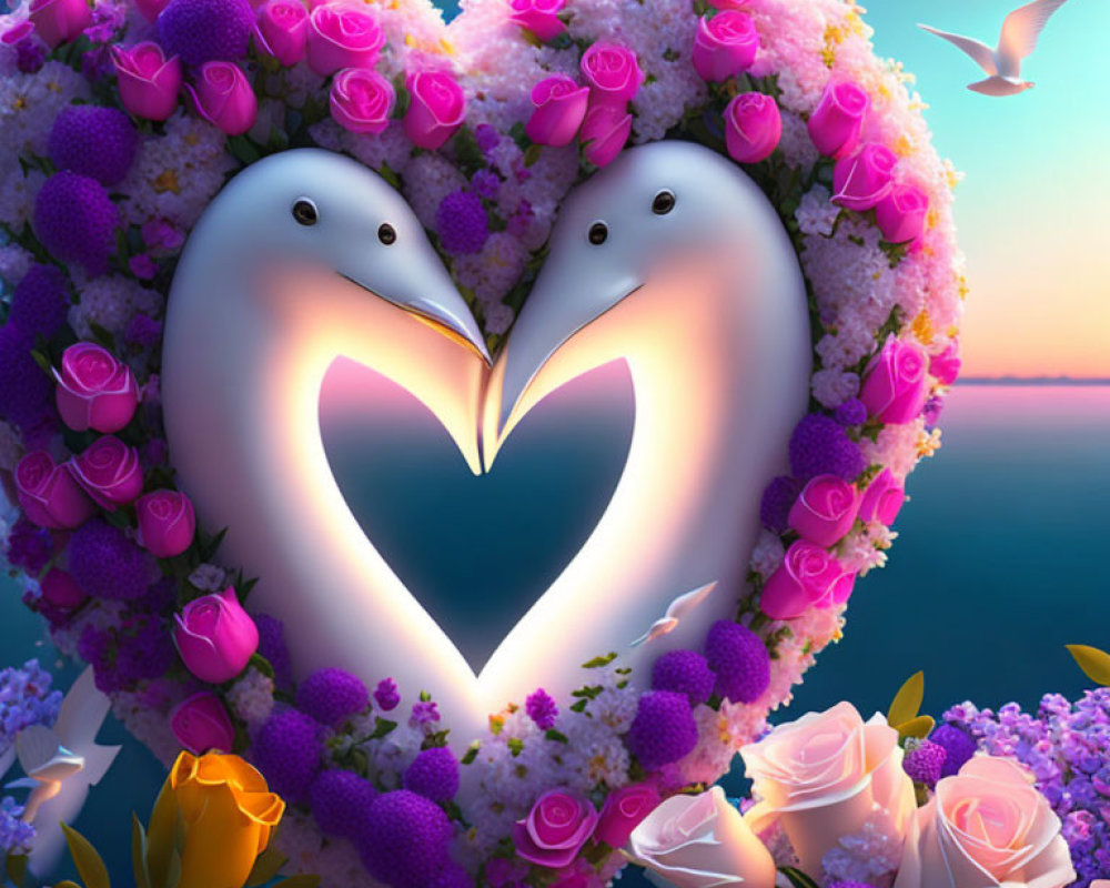 Swans forming heart shape with flowers in sunset ocean scene.