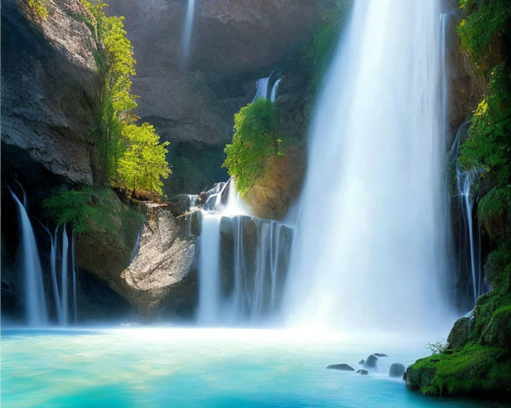 Majestic waterfall flowing into serene turquoise pool amid lush greenery