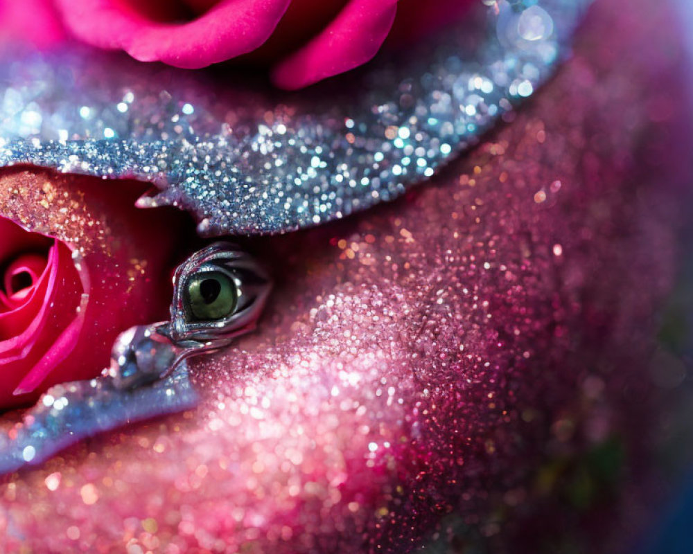 Glitter-covered face with pink roses and single eye portrait.