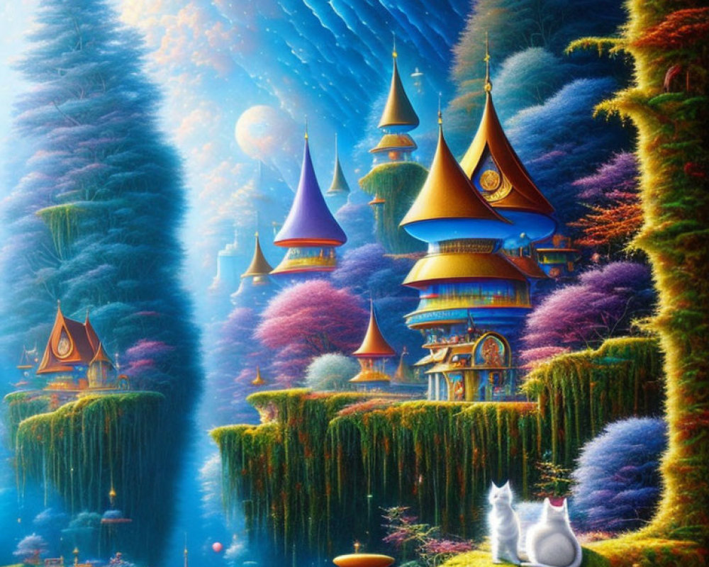 Fantasy landscape with towering trees, castles, and white cat under starry sky