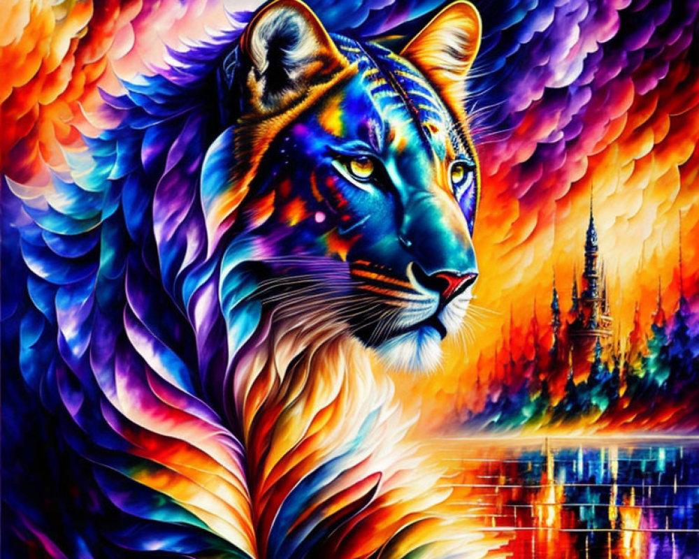 Colorful Lion Artwork on Psychedelic Background with Reflective Water