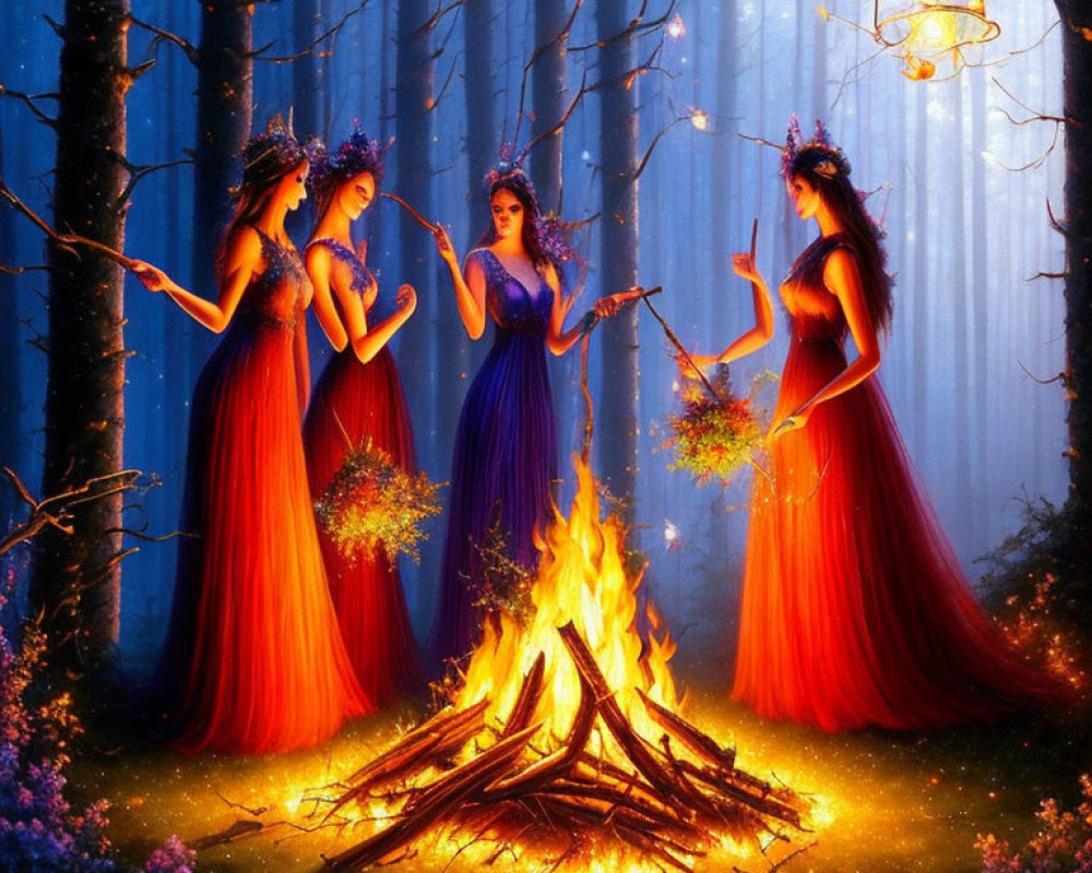 Four women in vibrant dresses with flower crowns perform a ritual around a bonfire in an enchanted forest