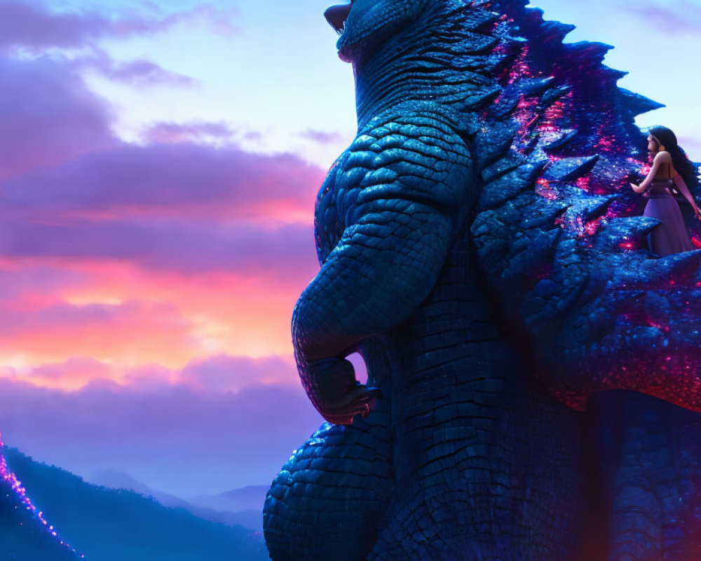 Giant Godzilla with person on shoulder in twilight landscape