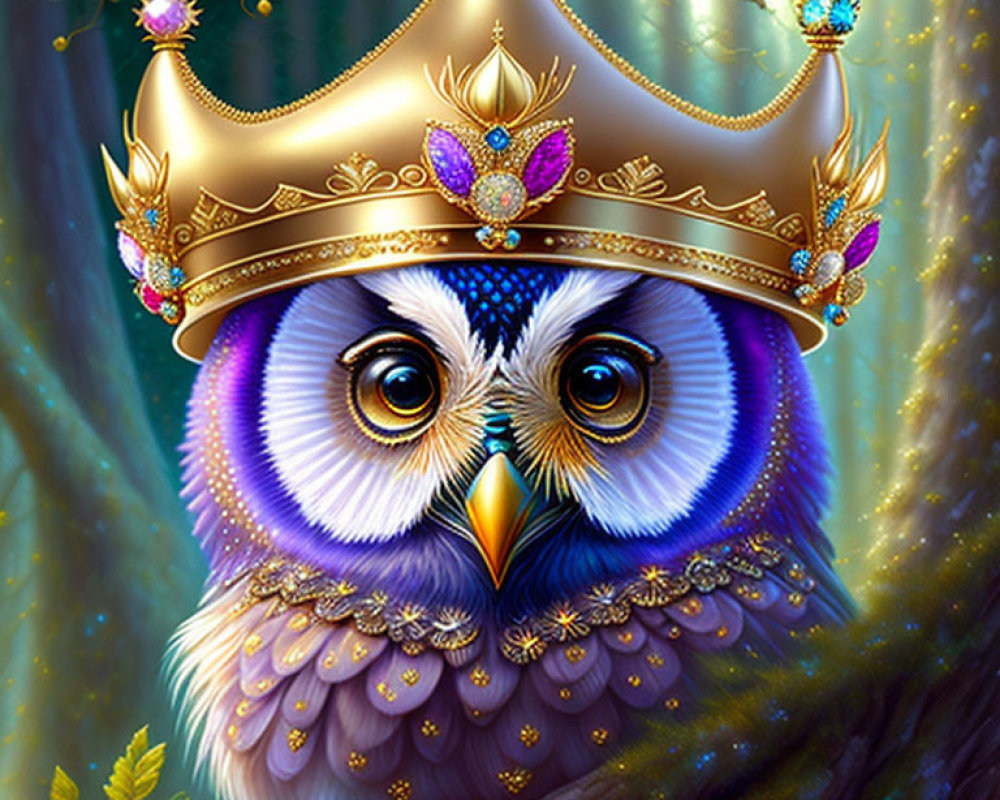 Colorful Owl with Golden Crown in Enchanted Forest