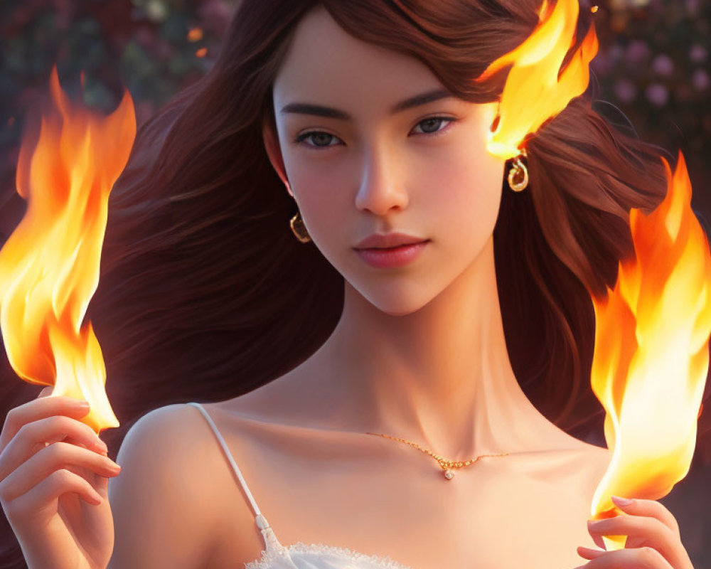 Digital artwork: Woman with fire hair, gold accessories, white dress, on floral backdrop