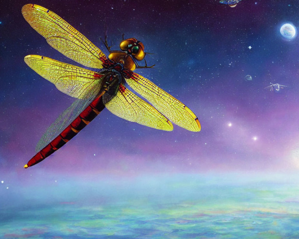 Colorful Dragonfly Illustration in Surreal Outer Space with Nebulas and Planets