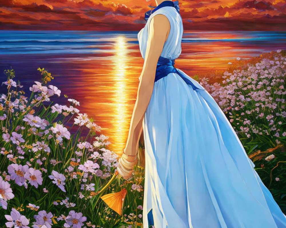 Anime-style girl in blue dress with lamp by sea at sunset.