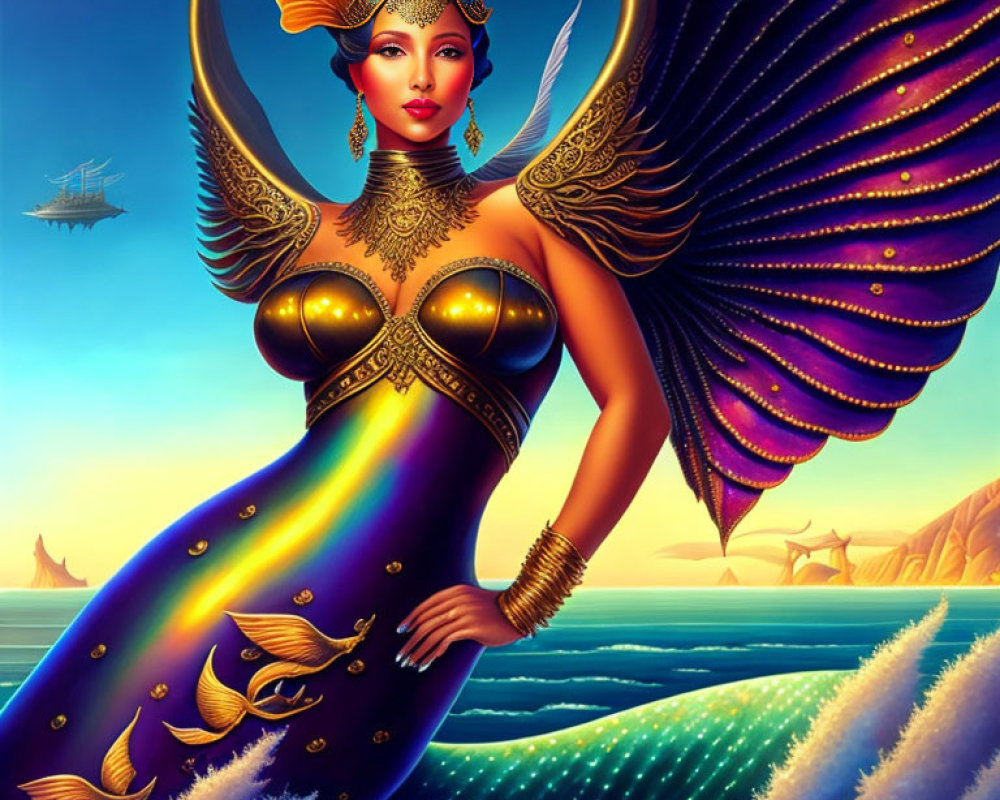 Fantasy illustration of winged woman in golden attire with fish motifs on seascape background