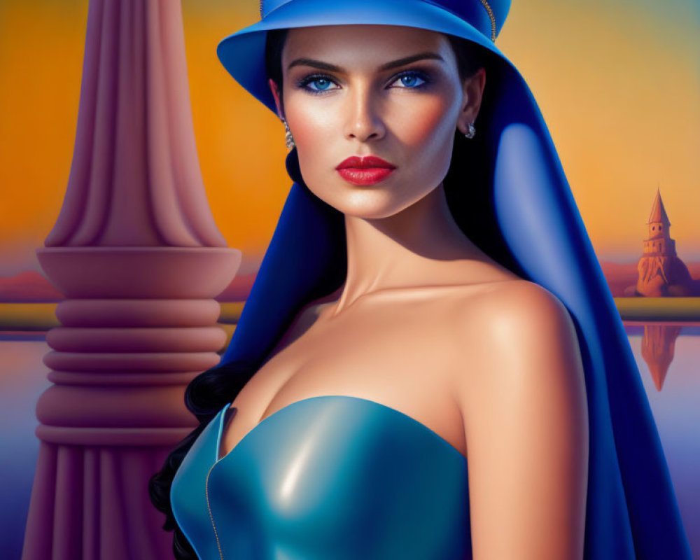 Digital painting of a woman with blue eyes in blue hat and dress against sunset backdrop with classical columns