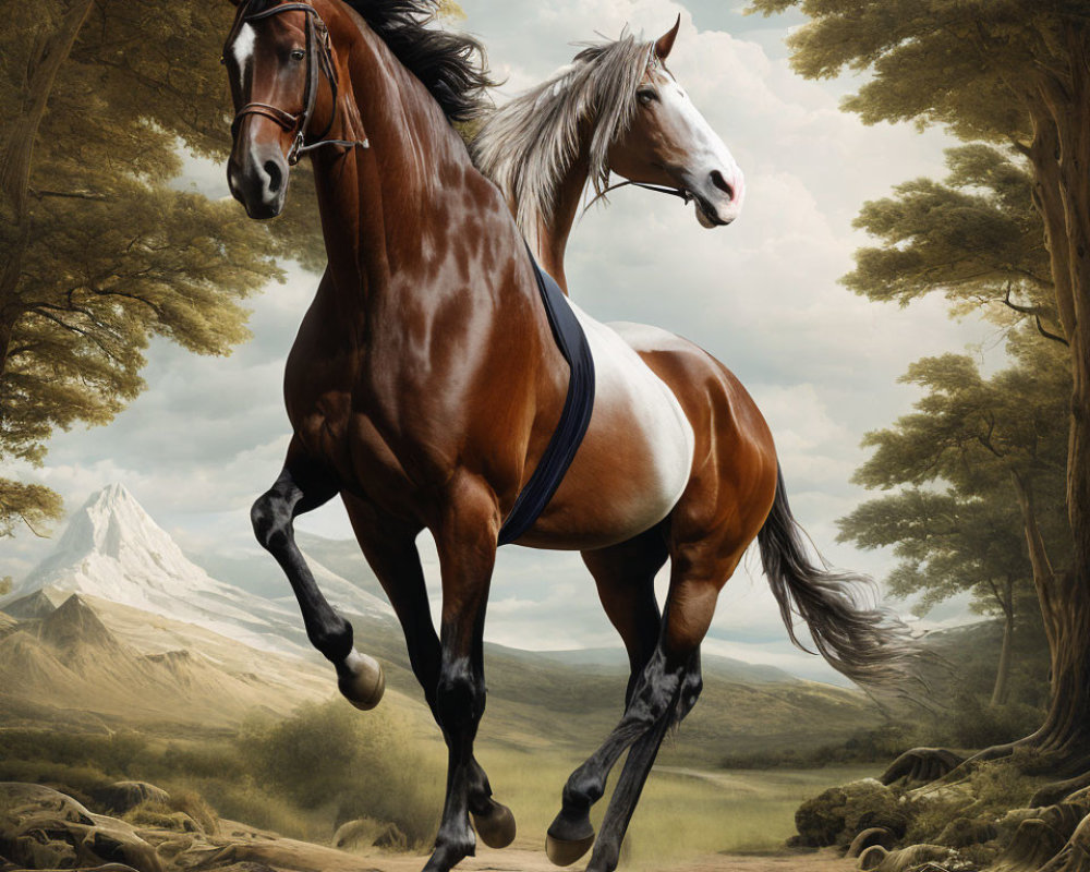 Majestic horses galloping in serene landscape with trees and mountain