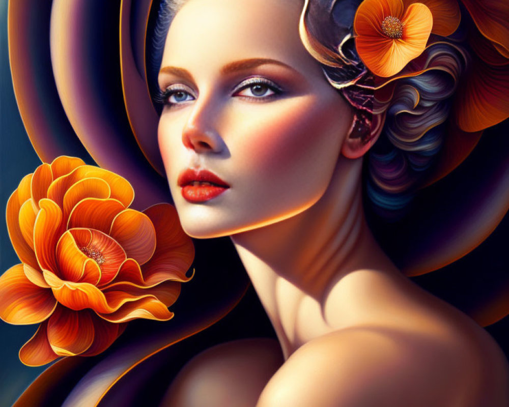 Digital portrait of woman with orange flowers and swirls, dramatic lighting.