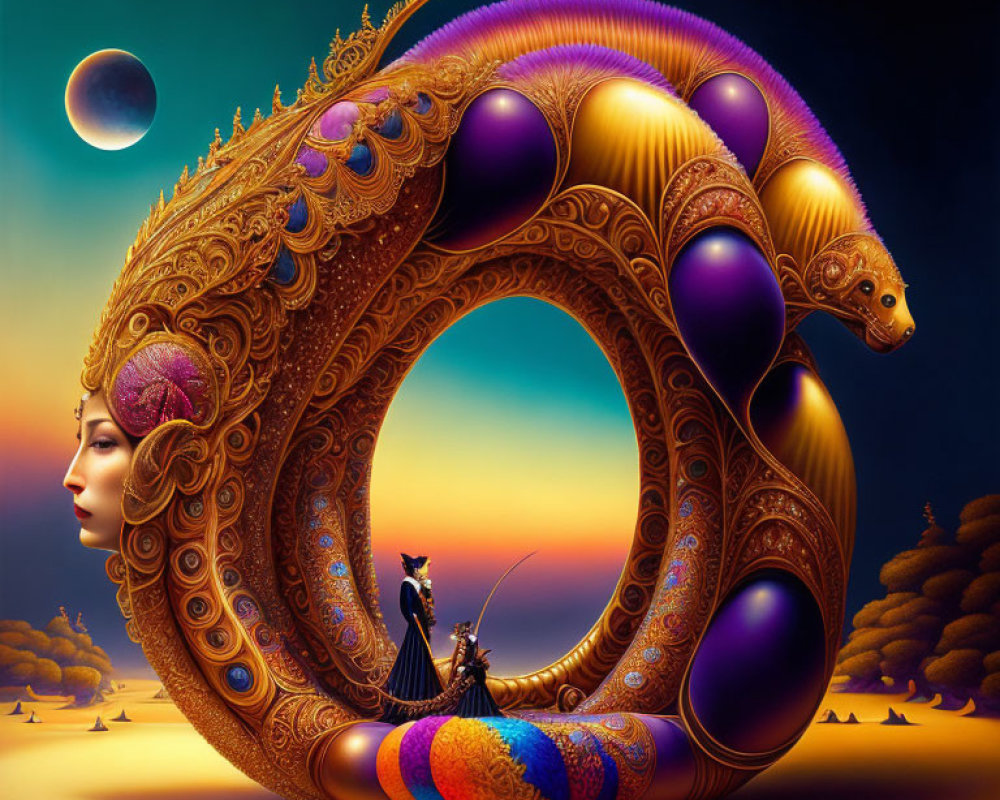 Surreal artwork: large ring, woman's face, weasel-like creature, small figure in