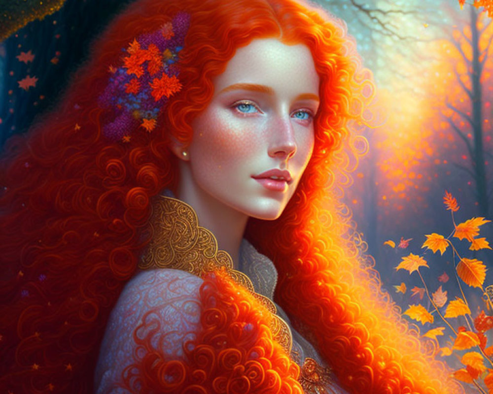 Digital Artwork: Woman with Red Hair and Autumn Leaves in Mystical Forest