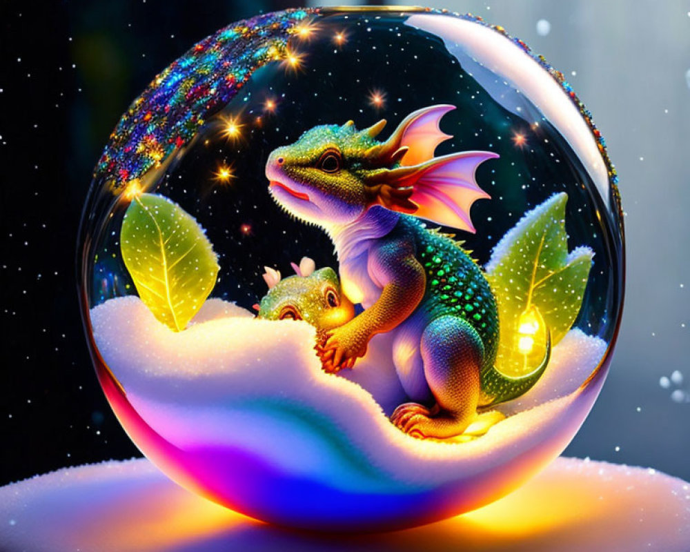 Fantasy dragons in snow globe with starry night background