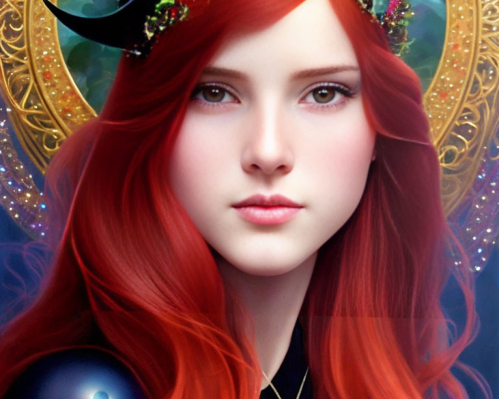 Fantasy female character with red hair and horn in mystical setting