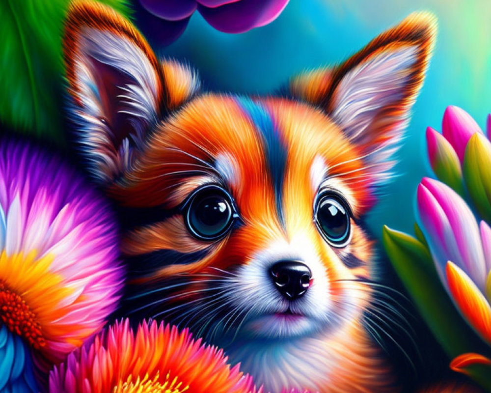 Colorful Whimsical Puppy Surrounded by Vibrant Flowers