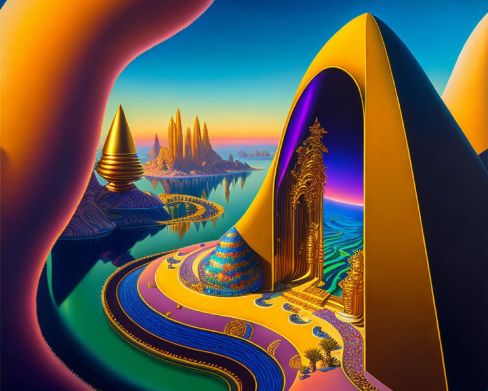 Colorful surreal landscape with flowing shapes, reflective water, and fantastic architecture.