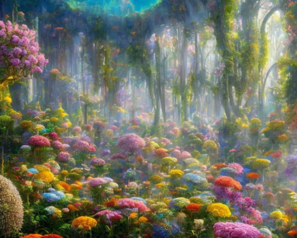 Vibrant forest with blooming flowers under ethereal light beams