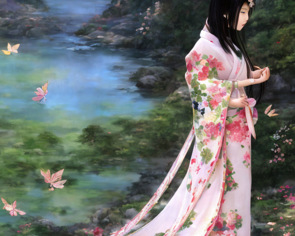 Woman in Floral Kimono Contemplating by Stream with Butterflies