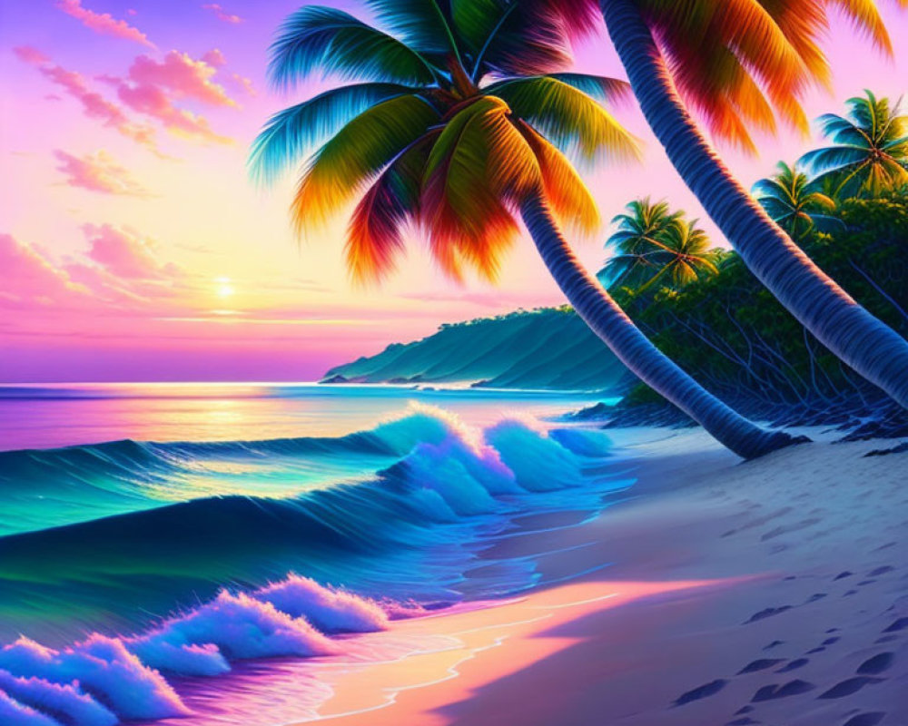 Colorful sunset beach scene with palm trees and rolling waves