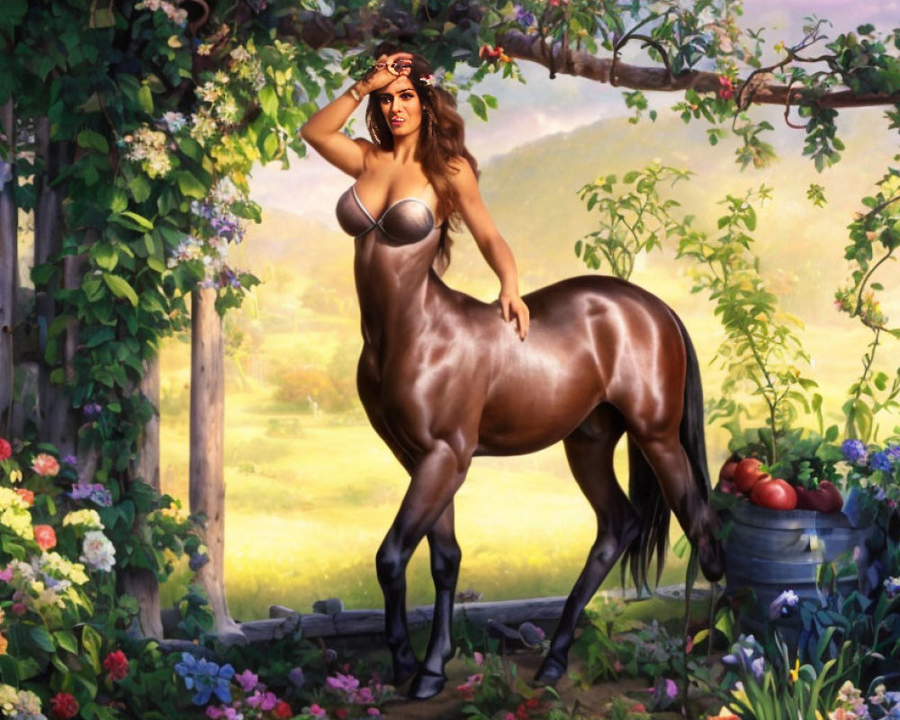 Centaur with female upper body in vibrant garden setting