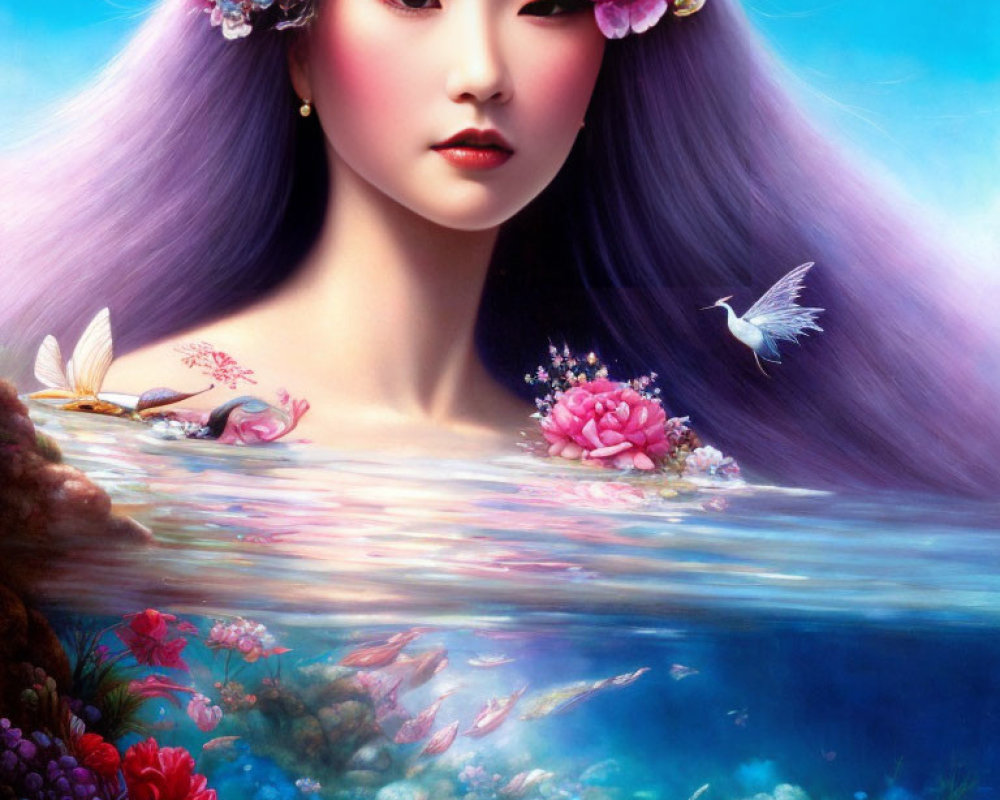 Colorful illustration of woman with purple hair and pink flowers by serene water body with corals and bird