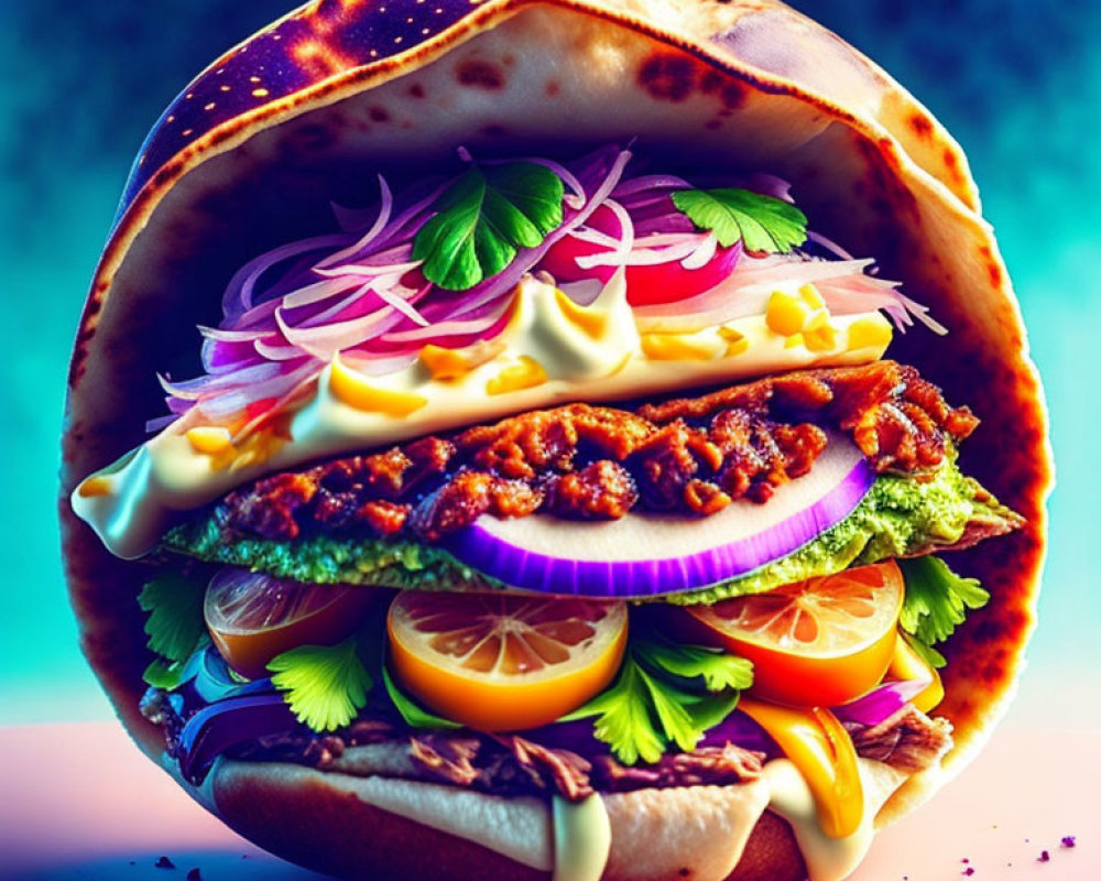 Colorful Taco with Beef, Cheese, Lettuce, Tomatoes, and Sauce on Toasted